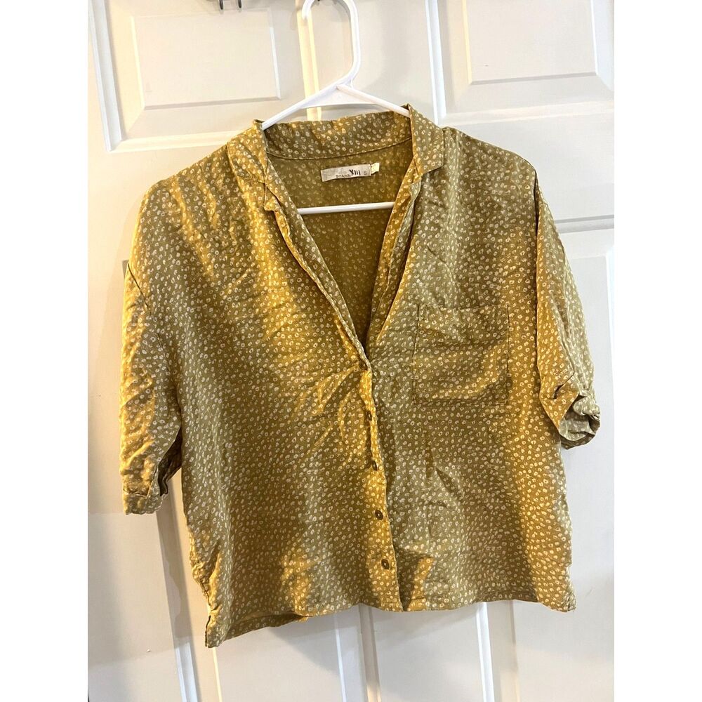 prAna Light Green 100% Tencel Cropped Boxy Button Collar Top Eco Sustainable S